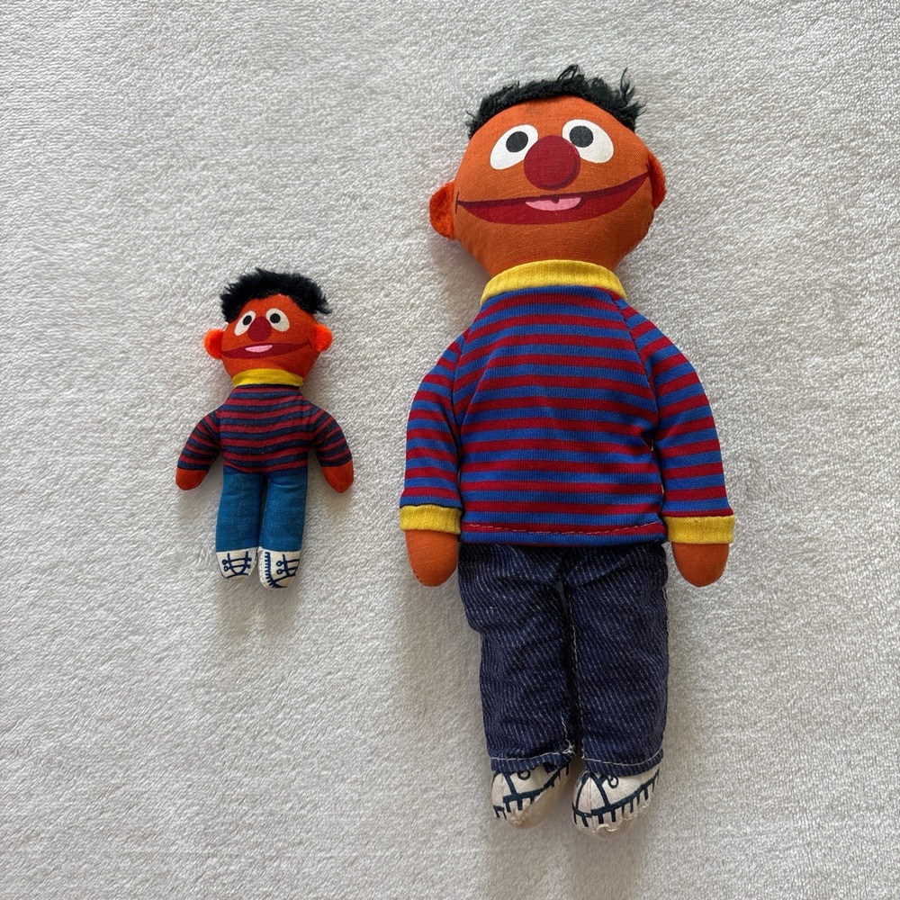1970s Ernie Sesame Street Knickerbocker Plush Dolls Mini & 9"